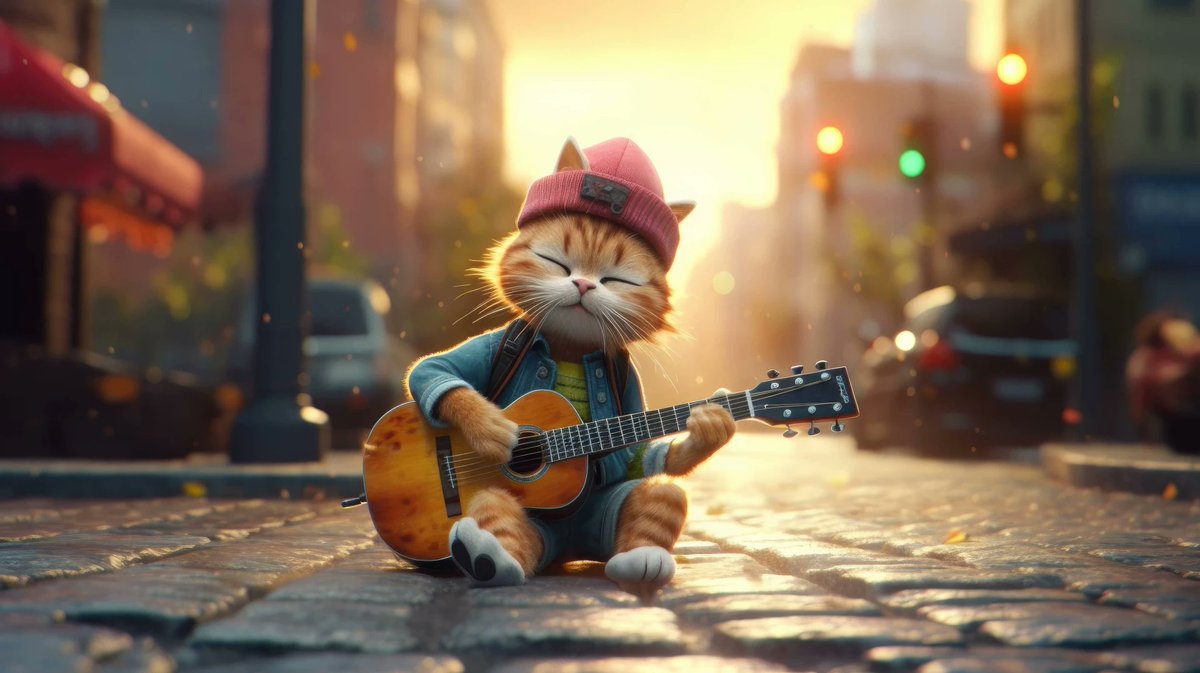 A 4K ultra hd wallpaper of a hipster cat wearing a beanie, plaid shirt, and skinny jeans, playing a guitar in a vibrant street scene where other animals are dressed in eclectic and trendy clothing
 #Guitar #Musicalinstrument #Cartoon #Concert #Toy
 Download links on the comments