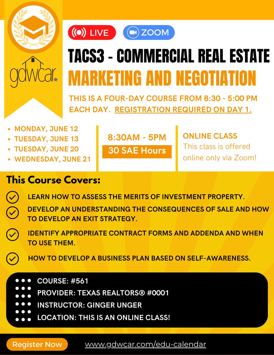 TACS3 - Commercial Real Estate Marketing and Negotiation - Learn more and register at: gdwcar.com/tacs3

#commercialre #commercialrealestate #commercialrealestateeducation #commercialrealestatemarketing