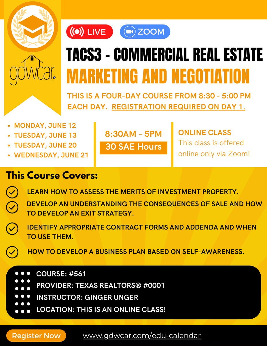 GDWCAR_members's tweet image. TACS3 - Commercial Real Estate Marketing and Negotiation - Learn more and register at: gdwcar.com/tacs3

#commercialre #commercialrealestate #commercialrealestateeducation #commercialrealestatemarketing