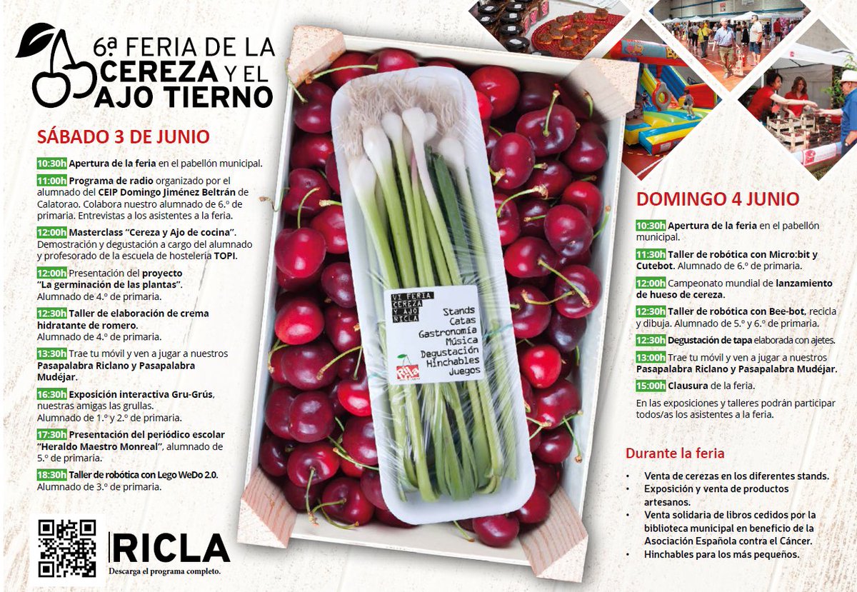Otro año más, nuestro cole colabora con el ayuntamiento en la VI Feria de la cereza y el ajo tierno de Ricla, 3-4 de junio. Nuestro alumnado presentará alguno de sus proyectos y realizará diferentes actividades para todos los visitantes.  Os esperamos.🍒🍒🍒😍😍🥰😊😊