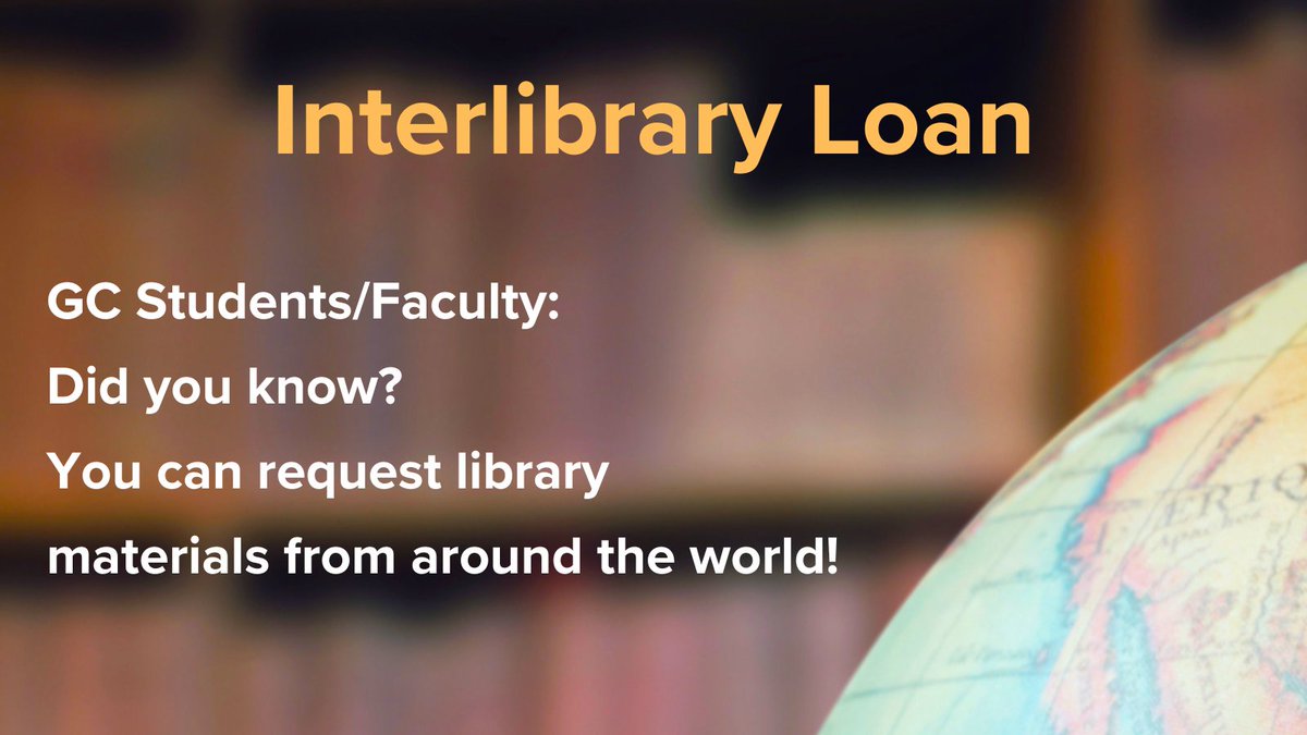 cunyGClibrary's tweet photo. For all your academic needs, don't forget about one of our most valuable research resources, the Interlibrary Loan Department 📚🌎
Place an interlibrary loan request at: https://t.co/QLISCVOoUm
#librarians #libraries #interlibraryloan #newyork #academiclibrary #CUNY https://t.co/9BukNS3LFl