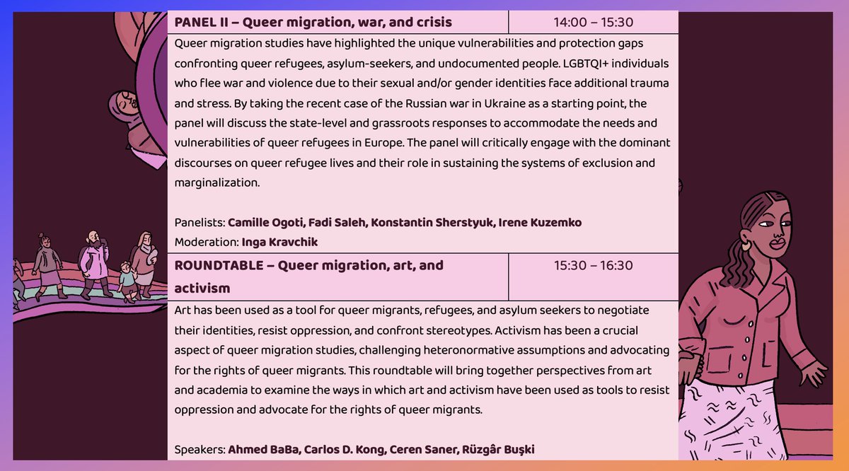 Div_Soc_Confl's tweet photo. 🌟 Day 2 of our conference program is here, and it's packed with even more exciting content! We have three panels and one roundtable with opening notes by @Obsqueer and @exiledrazan. Panel talks by @kasmani_o, @YenerBayramoglu, @SScuzzarello, @3awadalla and more! #QueerMigration https://t.co/lKqBgO80pM