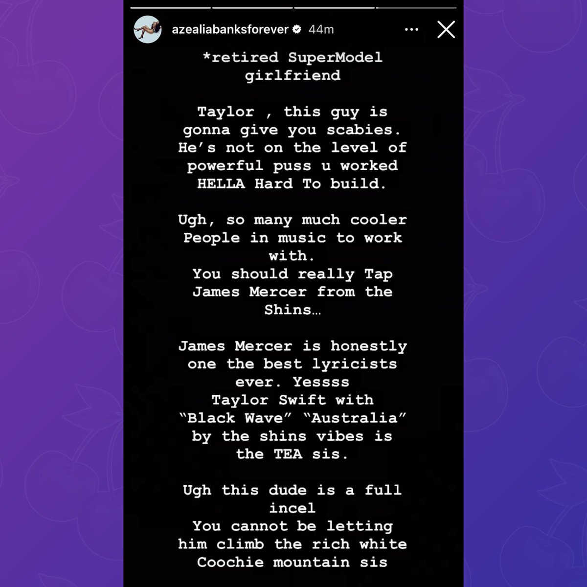 Azealia Banks comments on Taylor Swift and Matty Healy’s rumored relationship:

“Taylor, this guy is gonna give you scabies. He’s not on the level of powerful puss u worked HELLA hard to build.”