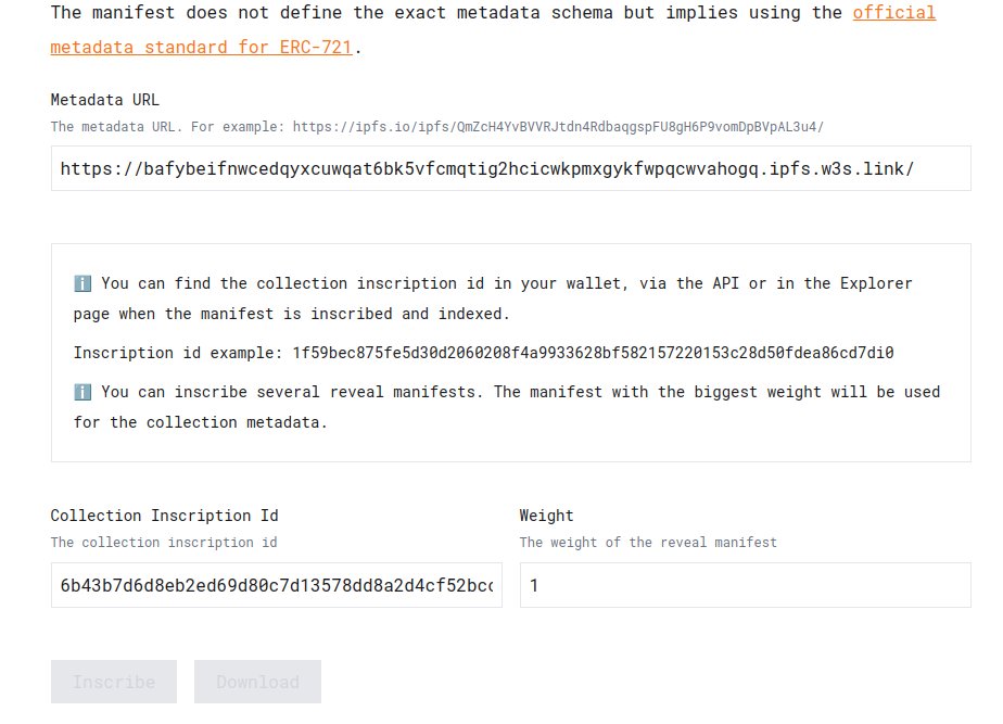 🧵5 Now back to brc721.com/playground and fill in the 'reveal-manifest' form - put collection Id in lower left field. And metadata url should be the base url for your metadata collection. (mind the ending slash!) This is your second transaction