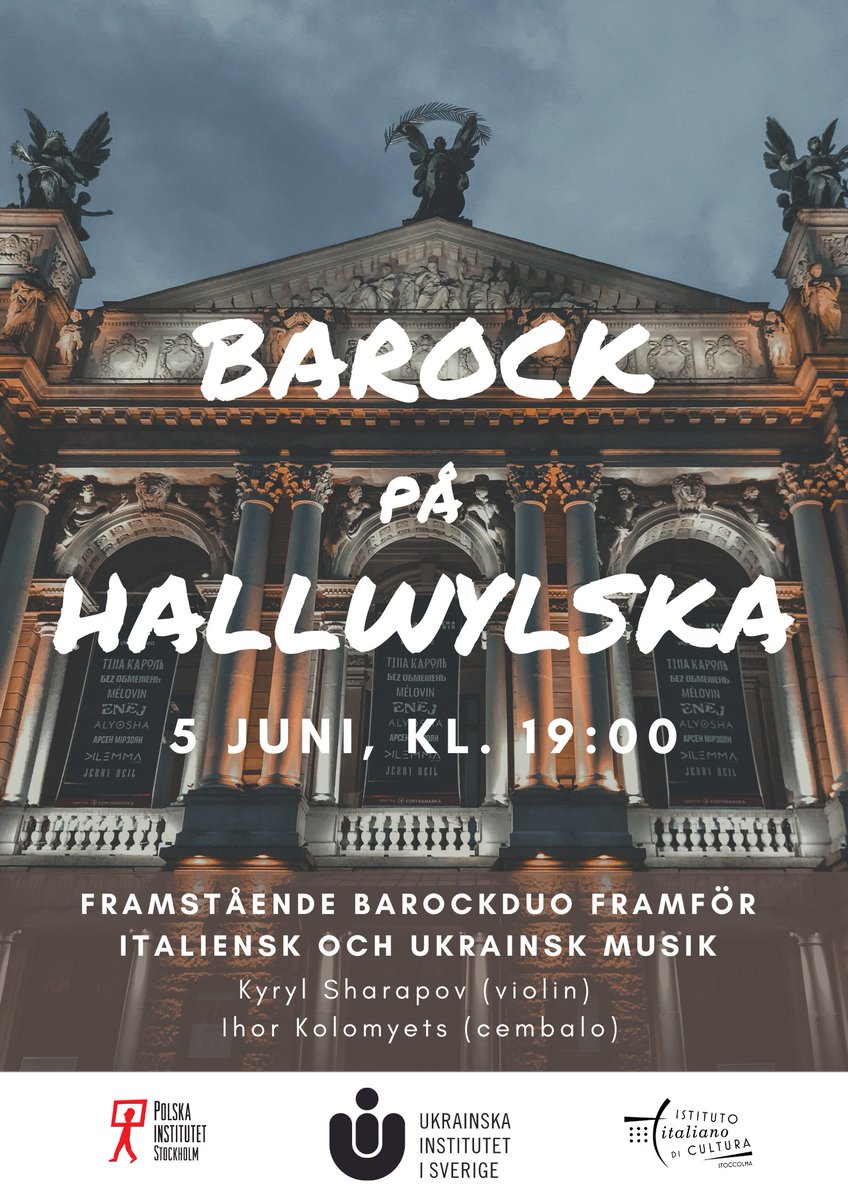 🎵Barockkonsert på Hallwylska Museet 5 juni kl. 19:00

I kvällssolen, i en romantisk innergård, kan ni lyssna till sammanvävningen av italiensk och ukrainsk barockmusik, i framförande av barock-duon Kyryl Sharapov (violin) och Ihor Kolomyets (cembalo).

Från och med kl. 18:30 kan