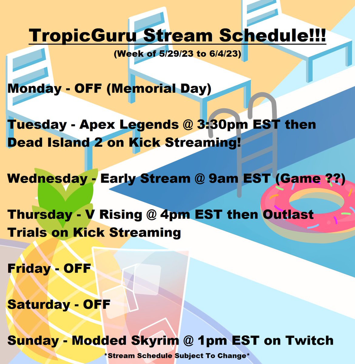 Tropic_Guru's tweet photo. Here is this week's stream schedule! We're back to our normal schedule now that Lacrosse season is over!πππ΄ #twitch #KickStreaming #TropNation https://t.co/xzLzDg7UoY
