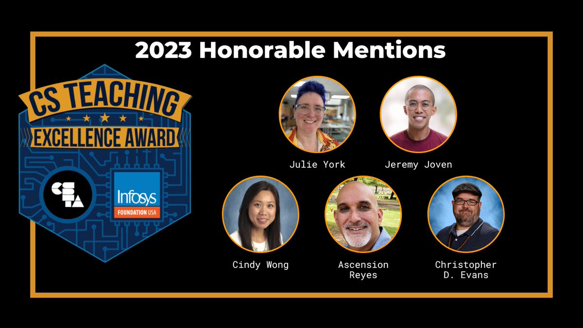 CSTA is proud to partner with <a href="/InfyFoundation/">Infosys Foundation USA</a>  in announcing the 2023 CS Teaching Excellence Award Honorable Mentions!

Learn more about the honorable mentions here: ow.ly/ciEz50OzMCH

#CSforAll #CSTA2023 #CSExcellenceAward #CSEd