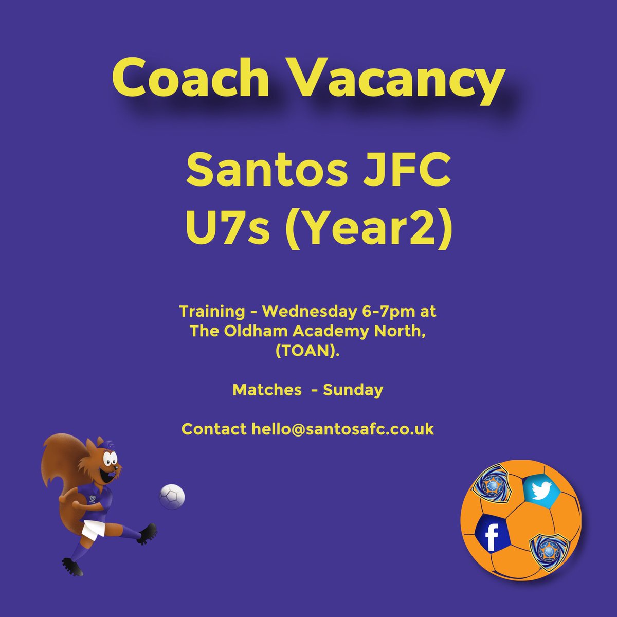 COACH VACANCY 

Due to increased numbers in our U7’s 

If you are interested in gaining experience or breaking into grassroots football this is a valuable opportunity. The club can assist with qualifications if required.

Please contact hello@santosafc.co.uk