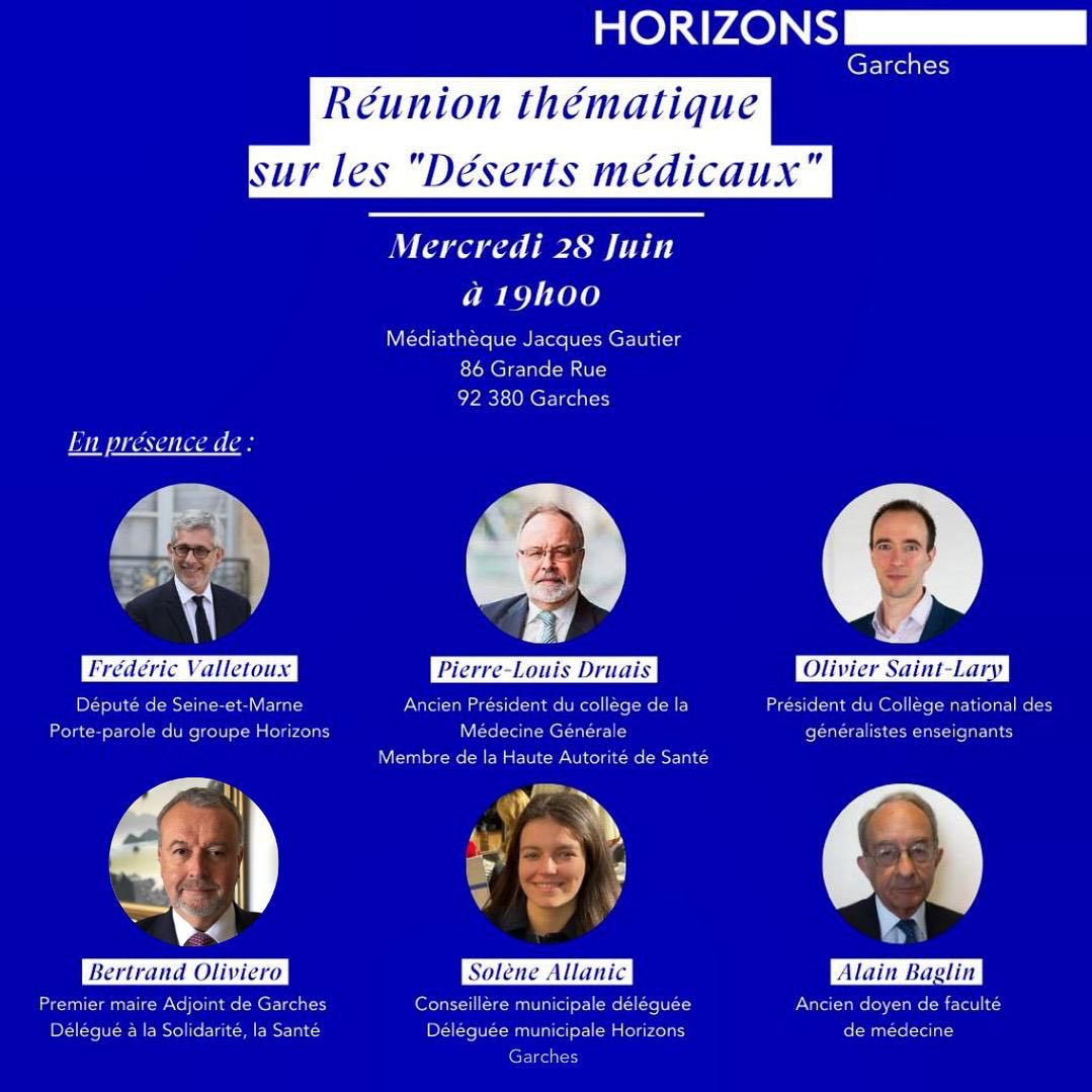 Le 28 juin prochain, réunion sur le thème des Déserts Médicaux à #garches autour de <a href="/fredvalletoux/">Frédéric Valletoux</a>, 

Un sujet plus qu'important aujourd'hui, prenons le temps d'échanger et de construire des réflexions autour de cette problématique.

#horizonsleparti #sante #edouardphilippe