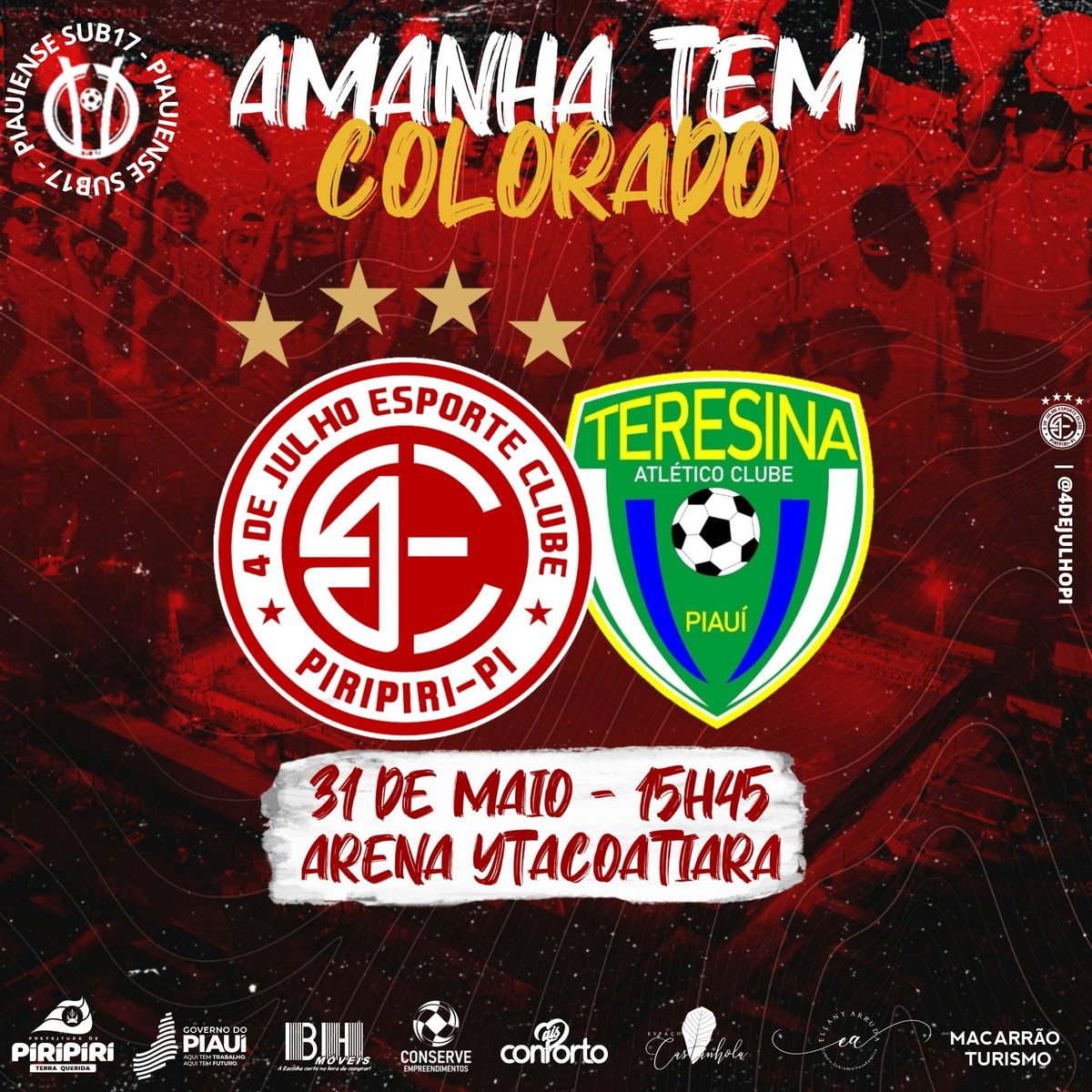 AMANHÃ TEM COLORADO! 🇦🇹🦅

O Gavião se despede amanhã do Piauiense sub17, às 15h45, na Arena Ytacoatiara, diante da equipe do Teresina Atlético Clube.