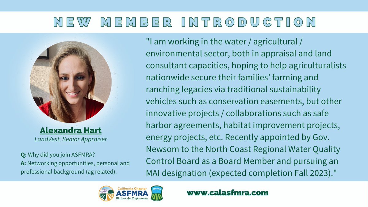 Please help us welcome Alexandra to the the CA Chapter, ASFMRA!

#calasfmra #asfmra #agriculturwater🗾 #enviromental #appraisers #landconsultant #agriculturalist #traditionalsustainability #networking #ntworkingopportunities #agland #aglandpros #agpro #agproud
