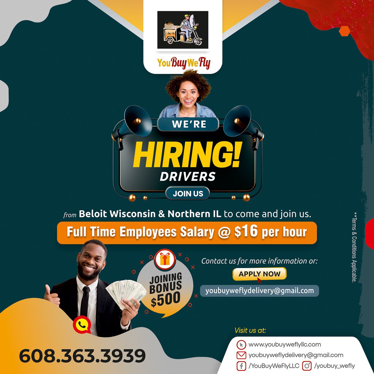 YouBuyWeFly2's tweet photo. We're hiring Drivers from Beloit Wisconsin and Northern IL to come and join us.
.
Benefits:
• Full Time Employees Salary @ $16 Per Hour
• Joining Bonus $500
• Terms &amp; Conditions Applicable
.
APPLY NOW!
📨 youbuyweflydelivery@gmail.com
📲+1-608-363-3939
.
#Medical #hiring https://t.co/TyKkRQVZih