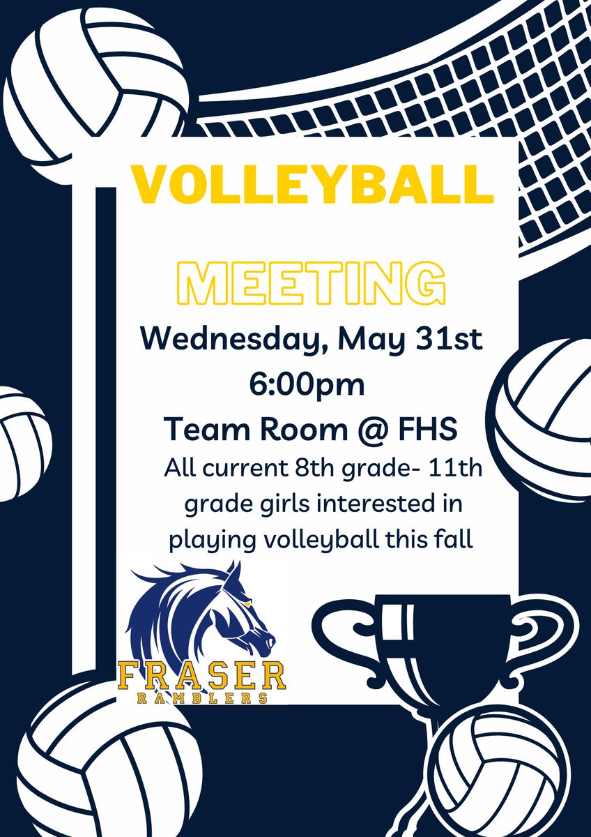 All girls interested in playing volleyball in the fall!! 

Please enter the school through the athletic entrance🐴🏐