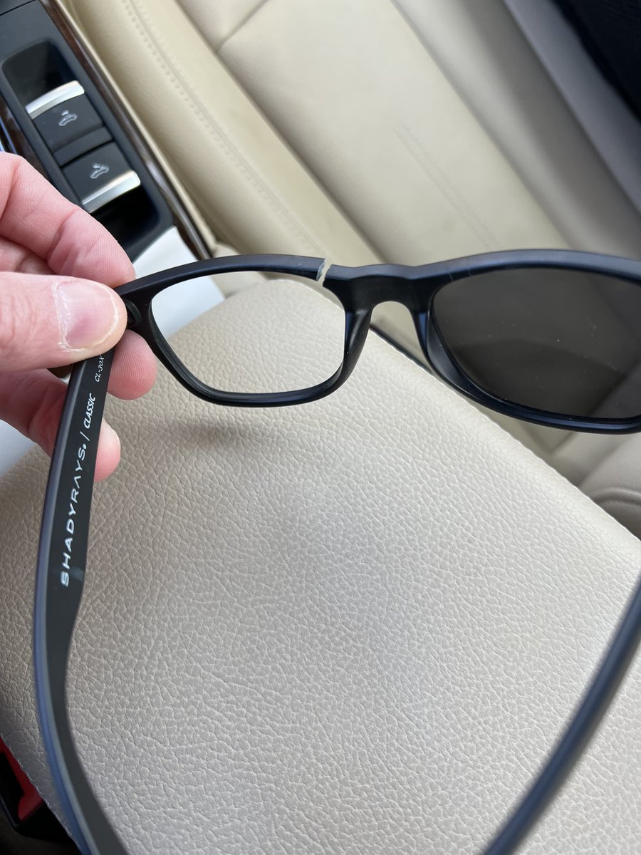Rootbulls's tweet photo. @shadyrays This is the 2nd pair of sunglasses that have broken in the same exact place without even being dropped (once they snapped while I was wearing).  Not worth it to pay for shipping again if they are going to break within weeks.  Very disappointed in your product! https://t.co/hHYEYdsaVf