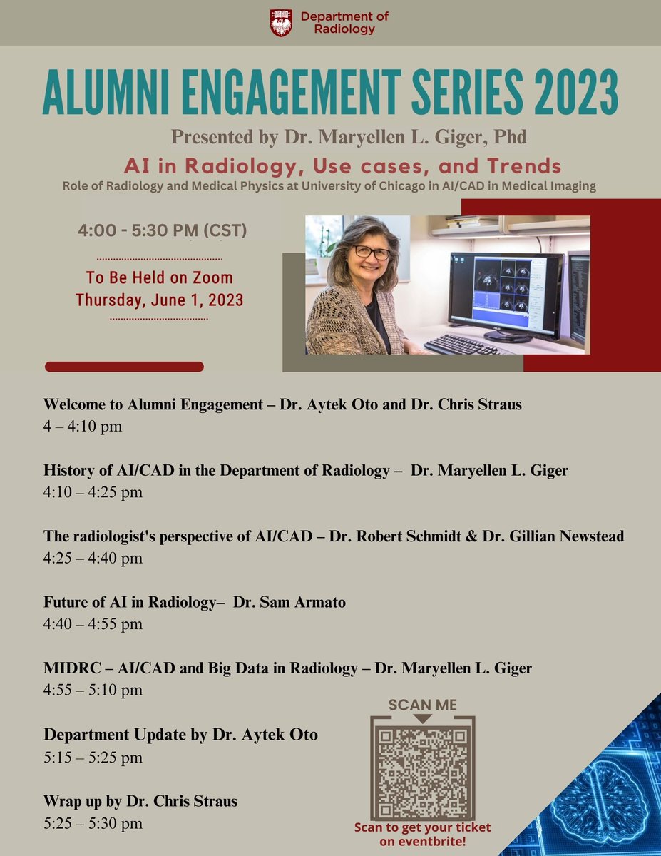 It is time for our 2nd event of ALUMNI ENGAGEMENT SERIES 2023! Join us to learn more about AI in Radiology, presented by Drs. M. Giger, G. Newstead, R. Schmidt, S. Armato #UChicagoRadAlum2023 @UChicagoRads @UChicagoMedPhys #alumniengagement @UChicagoAlumni @UChicagoMedPhys