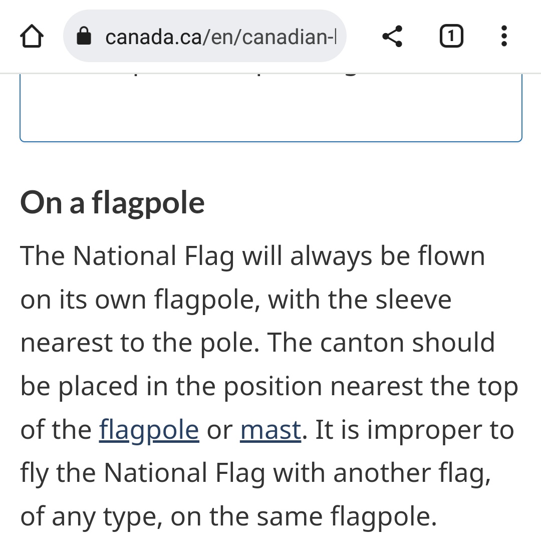 @pizdets17 @CP24 I'm actually more bothered that people don't follow proper flag etiquette.  Canadian flag, should be flown on its on pole.  There are actually government published rules.