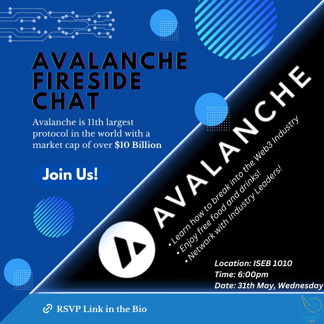 Blockchain at UCI (@uciblockchain) on Twitter photo Join us this Wednesday, May 31st for a Fireside Chat with <a href="/asimfiles/">usman asim</a> as we chat about how to break into the web3 space, what separates <a href="/avax/">Avalanche🔺</a> from the rest and where the web3 space is headed next!
RSVP in bio Join us this Wednesday, May 31st for a Fireside Chat with <a href="/asimfiles/">usman asim</a> as we chat about how to break into the web3 space, what separates <a href="/avax/">Avalanche🔺</a> from the rest and where the web3 space is headed next!
RSVP in bio
