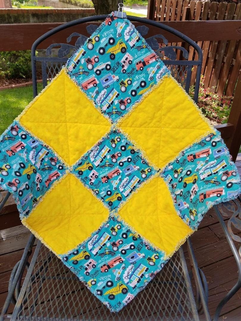 Excited to share the latest addition to my #etsy shop: Teal trucks rag quilt etsy.me/45uKsdw #kirbykomforts #babyshower #babyquilt