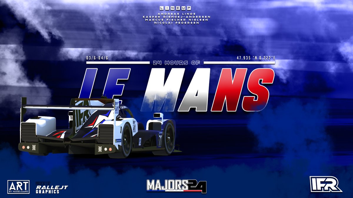 IFR eSports (@ifr_esports) on Twitter photo On Saturday we take part in the Majors24 charity event!🇫🇷
The four drivers we have selected are👇
@KasperRisse🇩🇰
<a href="/Dresse22/">Andreas Linde</a>🇩🇰
<a href="/fizkerz/">Marcus Fischer</a>🇩🇰
<a href="/nicolainp2000/">Nicolai Pedersen</a>🇩🇰
It will be a spectacle worth watching🔥
More news will come in the next few days🔵
#IFReSports <a href="/iRacing/">iRacing</a> <a href="/Majors_Series/">The Majors Series</a> On Saturday we take part in the Majors24 charity event!🇫🇷
The four drivers we have selected are👇
@KasperRisse🇩🇰
<a href="/Dresse22/">Andreas Linde</a>🇩🇰
<a href="/fizkerz/">Marcus Fischer</a>🇩🇰
<a href="/nicolainp2000/">Nicolai Pedersen</a>🇩🇰
It will be a spectacle worth watching🔥
More news will come in the next few days🔵
#IFReSports <a href="/iRacing/">iRacing</a> <a href="/Majors_Series/">The Majors Series</a>