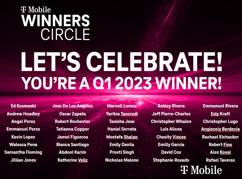 Congrats to our 2023 Q1 <a href="/TMobile/">T-Mobile</a> employees who have earned Q1 Winner Circle, including the DJ of Vibe City <a href="/Drew_505/">A.H</a>!   The UPNY / CT team had over 40 Winners! 

Thank you for your efforts and a great start to 2023!🏆🍾
 <a href="/tglover187/">Terrance Glover</a> @raquel_nalua