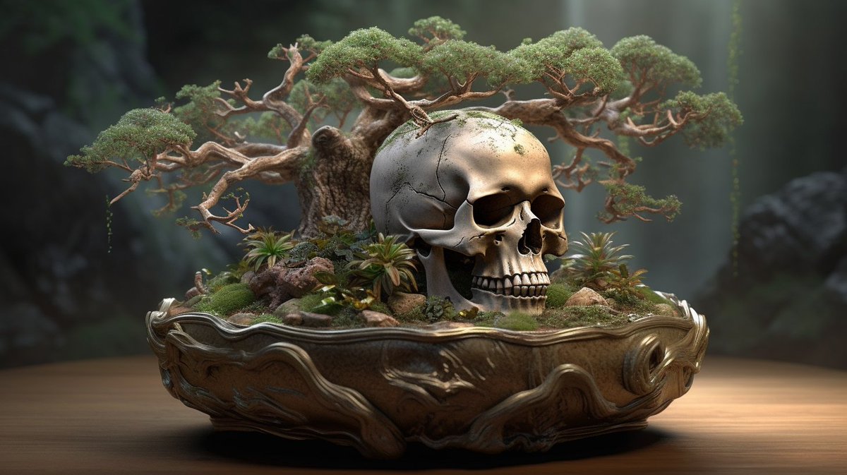 gn  

Shimpaku over Skull      

A tribute to bonsai artist Nick Lenz's plantings to kick off my new BonsAI collection!      

OE   
1 tez      

#tezos 🔗👇