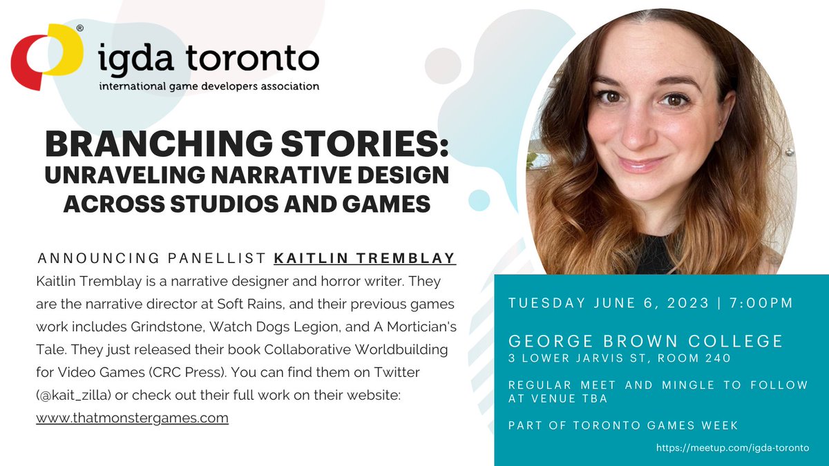 IGDAToronto's tweet photo. Our first panellist is @kait_zilla! They're a talented narrative designer, director, and author of "Collaborative Worldbuilding for Video Games" among other talents! Hear from them and other prolific narrative designers at next Tuesday's IGDA panel. https://t.co/Gkxzpe1Akg https://t.co/gHjrKHiSwg