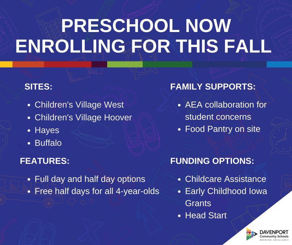 DavSchools's tweet photo. We are now registering Davenport 3-and 4-year-olds for Preschool taught by licensed teachers. Our curriculum and supports are designed to prepare students and families for the DCSD kindergarten transition.

#growingexcellence #davenportcommunityschool #davenporteducation https://t.co/QceqgkdIrI