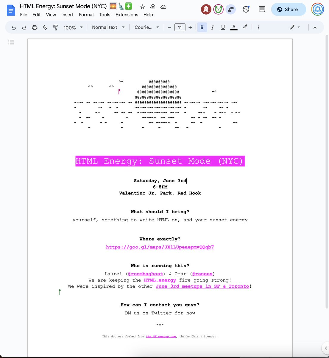 rsnous's tweet photo. hello! we (@roombaghost and I) are having a sunset HTML freewrite this Saturday 🌅 🗽 ❇️

June 3, 6pm, at Valentino Jr. Park in Red Hook :-)

https://t.co/P5EI7oNVz8 https://t.co/Zw7VvSsqyI