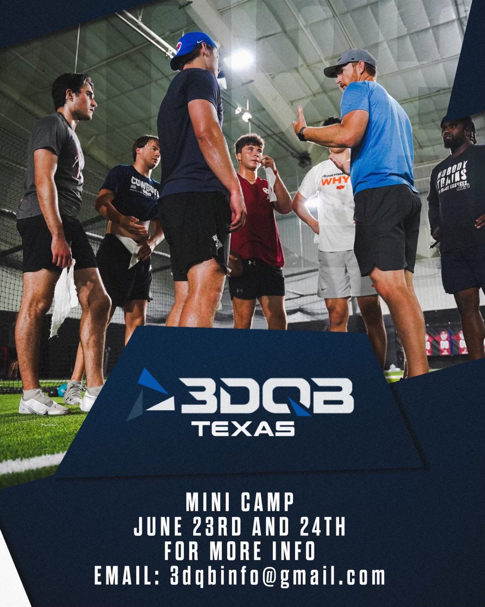 3DQB SoCal (@3dqb_socal) on Twitter photo #3DQB is excited to host their Summer Mini Camp in Dallas,Texas at Lovejoy HS June 23rd & 24th
Sign up link in the bio βΌοΈ
<a href="/dak/">Dak Prescott</a> <a href="/DamianDevon/">QBLifestyle</a> <a href="/jbecktwelve/">John Beck</a> <a href="/Taylor_Kelly10/">Taylor Kelly</a> <a href="/Coach_Lavender/">Coach_Lavender</a> #3DQB is excited to host their Summer Mini Camp in Dallas,Texas at Lovejoy HS June 23rd & 24th
Sign up link in the bio βΌοΈ
<a href="/dak/">Dak Prescott</a> <a href="/DamianDevon/">QBLifestyle</a> <a href="/jbecktwelve/">John Beck</a> <a href="/Taylor_Kelly10/">Taylor Kelly</a> <a href="/Coach_Lavender/">Coach_Lavender</a>