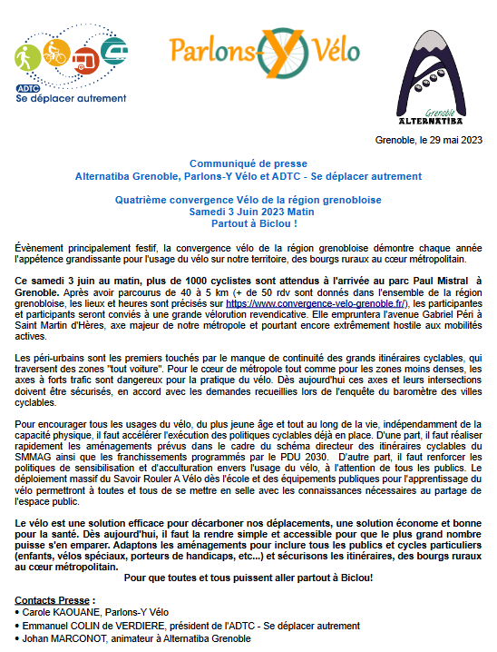ADTCgrenoble's tweet photo. Pour que toutes et tous puissent aller Partout à Biclou ! 4e convergence Vélo de la région grenobloise : Samedi 3 Juin 2023 Matin @alternatibagre @ParlonsYVelo #cvgre #cvgre2023 #Vélo #Grenoble https://t.co/SFPfvNqsoS