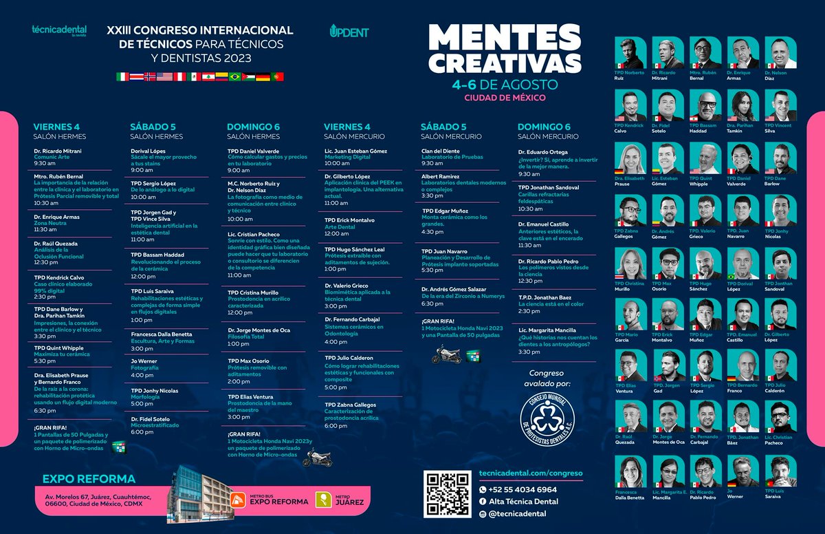 El Congreso Internacional de Técnicos Para Técnicos y Dentistas 2023.🦷👄🤓te espera este 4 al 6 de Agosto, no puedes dejar pasar el súper evento de Mentes Creativas.🤓 Revisa todos los detalles en: acortar.link/ZgtggW ¡Te esperamos en Expo Reforma!