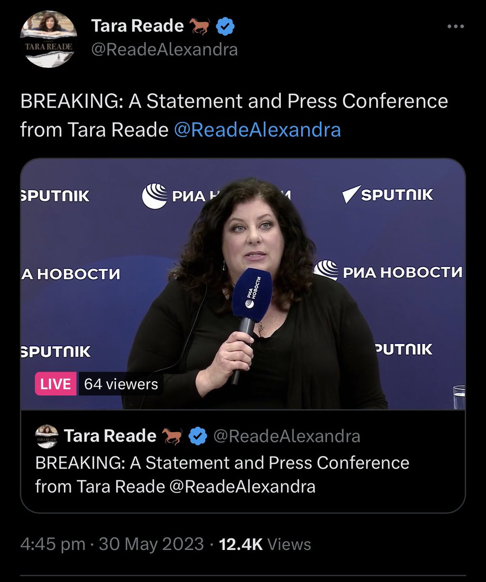 Remember Tara Reade that pro-Putin grifter who falsely accused Biden of sexual assault, a story people like Ryan Grim ran with, whose links to Russia were dismissed as an outrageous smear against an alleged survivor of assault? Well she’s just announced she has defected to Russia