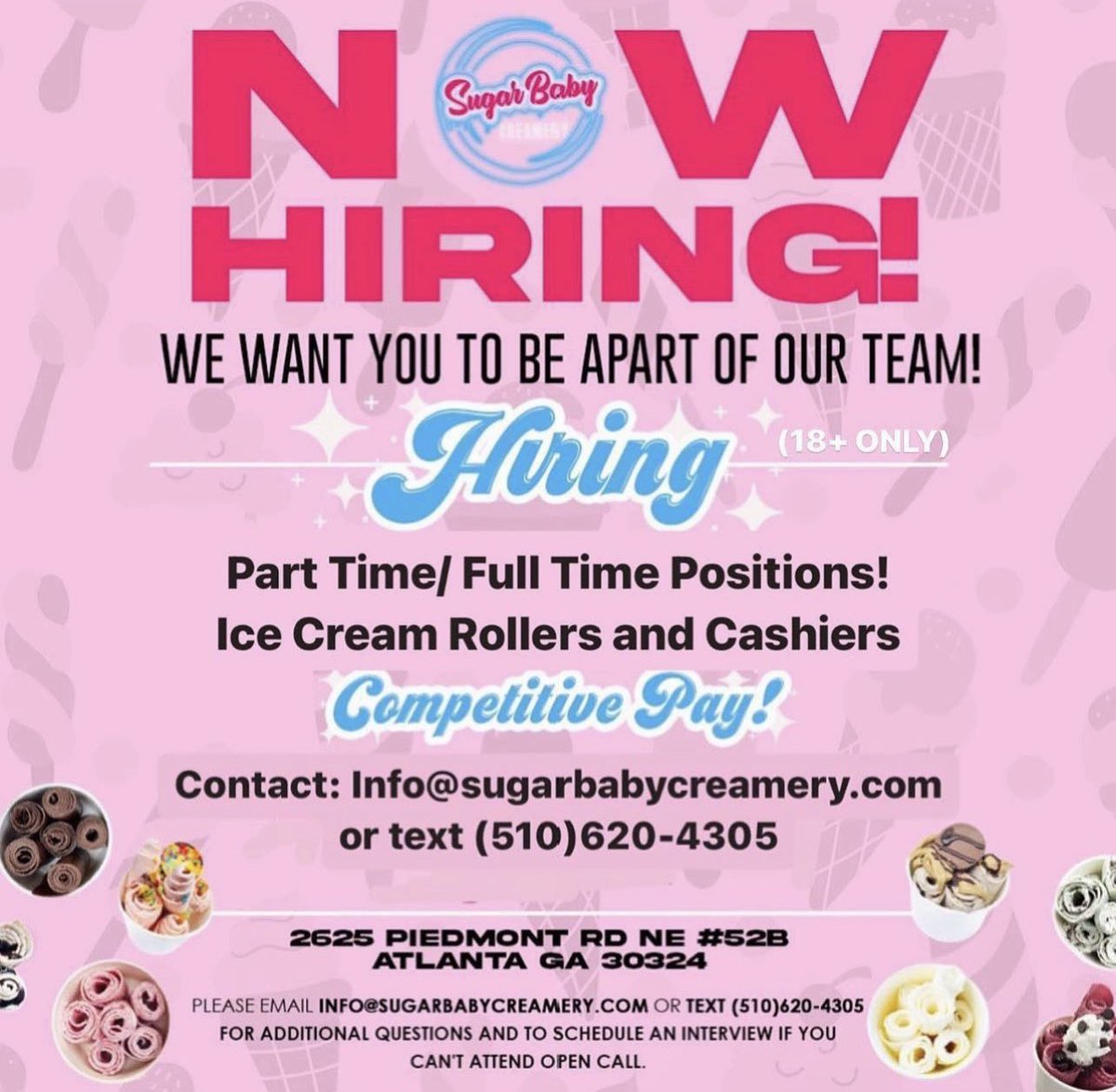 robreeezy's tweet photo. NOW HIRING FOR SUMMER STAFF💗  We are in need of a few more Cashiers and Additional Rollers for our shop! MUST BE 18+ ONLY. Please dm, text (510)620-4305, or email: info@sugarbabycreamery.com https://t.co/rl4UWDfLyF