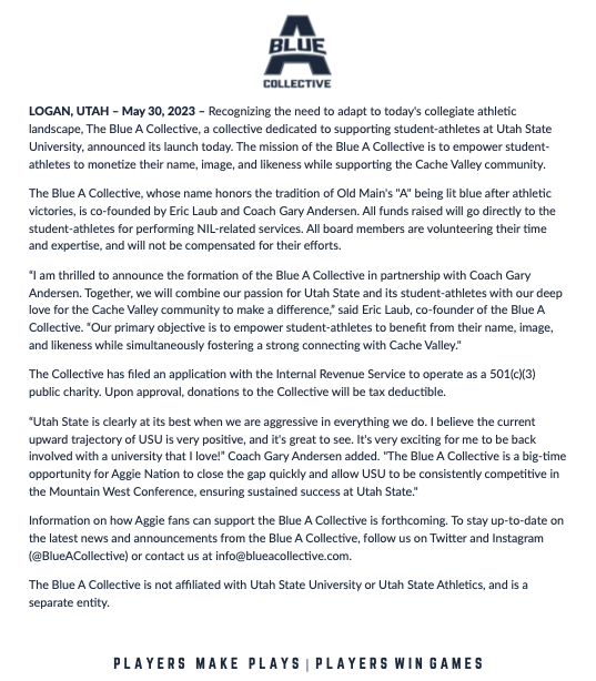 BlueACollective's tweet photo. 🔵⚪️ We are excited to announce the @BlueACollective, endorsed by @USUAthletics! ⚪️🔵
Co-founded by Eric Laub and Coach Gary Andersen, @BlueACollective will empower USU athletes to monetize their name, image, and likeness while supporting the Cache Valley Community. #GoAggies https://t.co/OTT3SBZ2C2