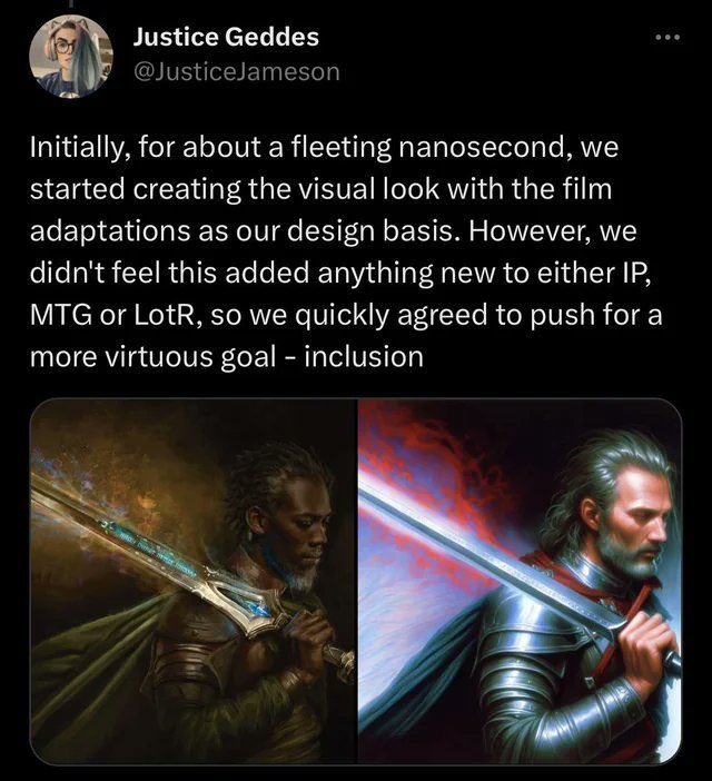 This person was nice enough to give us a good look into their thought process here. Note the language: “we felt this didn’t add anything new to LOTR” so we *quickly* pursued a more *virtuous goal* - inclusion. 

The goal is to remove you, sever you, and replace you.
