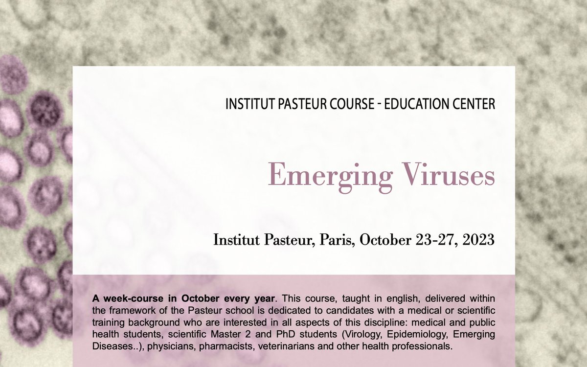 lab_jouvenet's tweet photo. Emerging Viruses course in October 2023 at @institutpasteur @PasteurEdu @PasteurVirology 
Deadline for registration : June 25th
Join us!
https://t.co/XzxN7s4VOL https://t.co/Ul9rYdwxoi