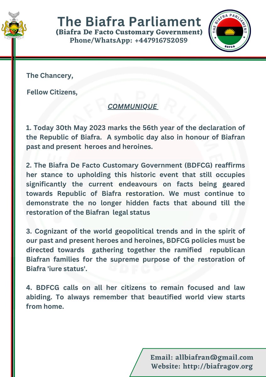 BiafraHRA's tweet photo. Goodwill message to Biafrans all over the world by the ad hoc Chancellor, Dr Emeka V. Okeadu.
#HeroesDay2023
#BiafraHeroesDay2023
#Biafra56thAnniversary
#BiafraGenocide
#BiafraWar #BDFCG #DFCGB
#Biafra #BiafraNationsAlliance #BHFR #BHRA #BiafraWatchmen https://t.co/eb8yy6vOaK