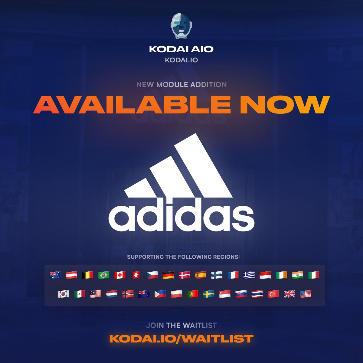 NEW SITE ALERT! ⚡️ ADIDAS has now been added to Kodai! Some notable features about the module are: 🏃‍♂️ Crazy fast checkout speeds 🌎 Supporting OVER 30 different regions 🌊 Various different game-changing techniques for SPLASH releases Don't miss out. 😉 kodai.io/waitlist
