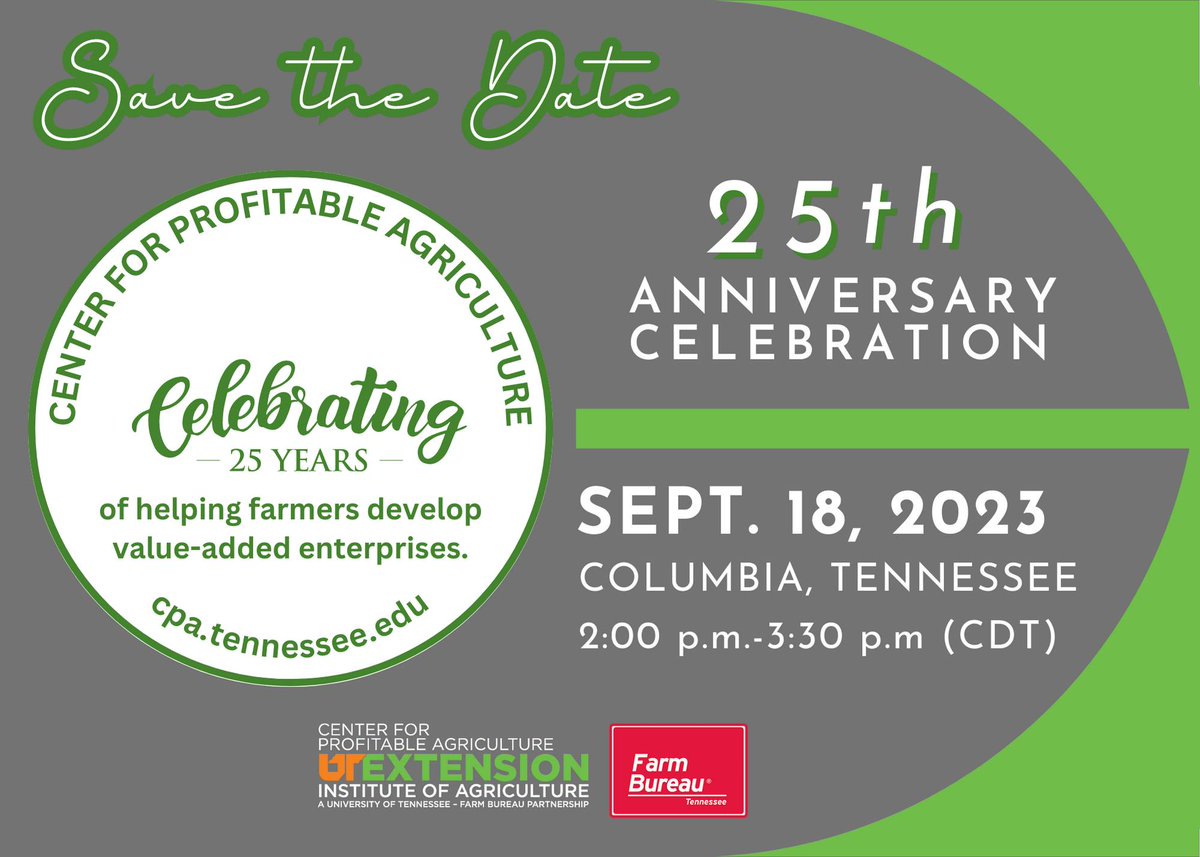Excited to celebrate Center for Profitable Agriculture's 25th anniversary all year long, but especially in September! SAVE THE DATE - September 18! 🥳

#TNFarmBureau I #TNAgriculture