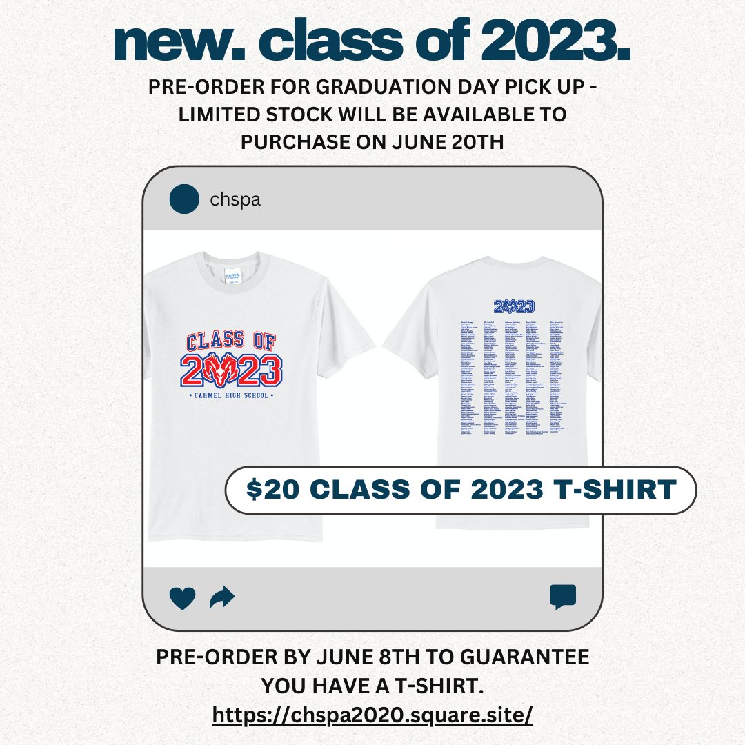 Buy your graduate a t-shirt commemorating their high school graduation. Carmel High School Class of 2023 logo on the front. List of 2023 graduates on the back. Pick up will be at the CHS PA table at graduation. Sizes S-3XL. To order visit: checkout.square.site/merchant/YXHF6…