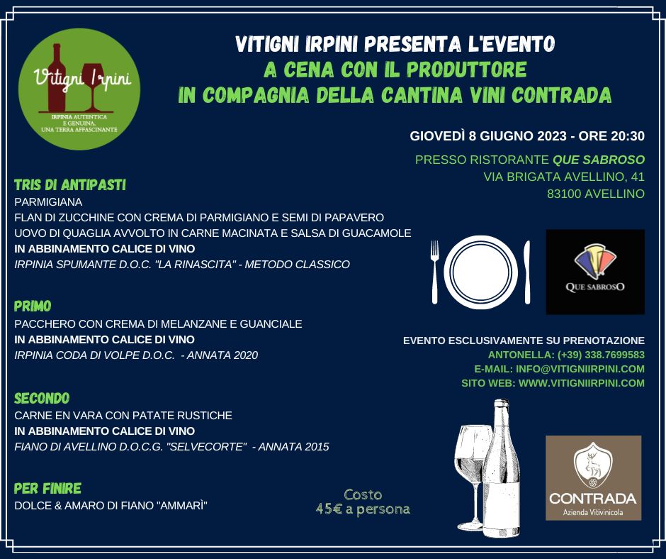 A tutti gli appassionati di vino e gastronomia è con grande entusiasmo che vi invitiamo al nostro evento.

Vi aspettiamo Giovedì 8 Giugno 2023 alle ore 20:30, evento esclusivamente su prenotazione!

#vitigniirpini #beviirpino #irpinia #avellino #irpiniawine #irpiniadavivere