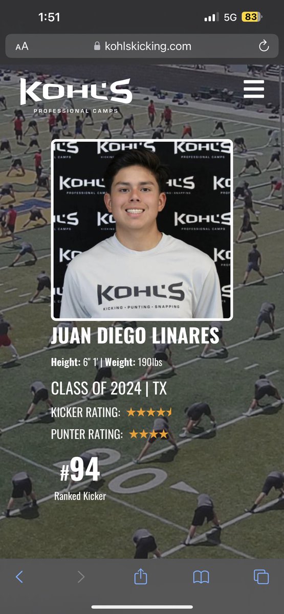 Diego_Linares28's tweet photo. Following a great camp with @KohlsKicking  excited to be a  4.5 ⭐️ ranked 94th in the 🇺🇸 

@CoachGotte 
@JasonHinkelman 
@CoachSark 
@CoachMCScott 
@CoachERussell 
@ZMilliet32 https://t.co/nQzREqhO13