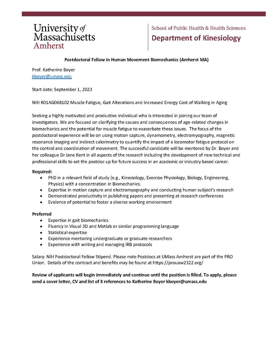 I am recruiting a postdoc with expertise in aging, mocap and EMG  to start in my lab late summer.   See below for details.  I will be in Denver for ACSM for anyone interested in discussing in person.