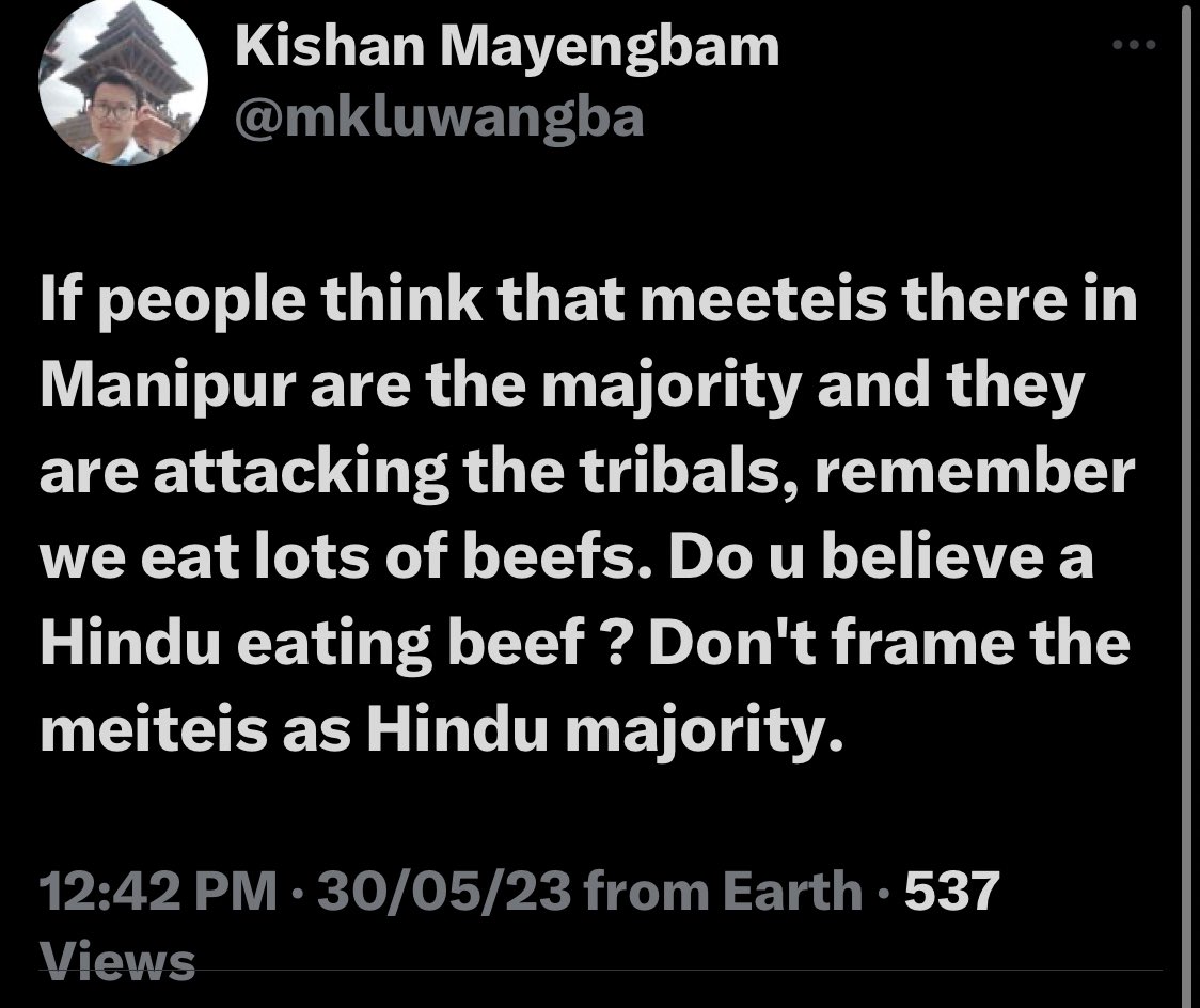MawiPari's tweet photo. @VLDMIRADITYNATH @bangtanOT7fairy I have no claim. Go ask this person. Meiteis are Sanamahist. And we all know who lives in the valleys https://t.co/A9ZoNUpBIP