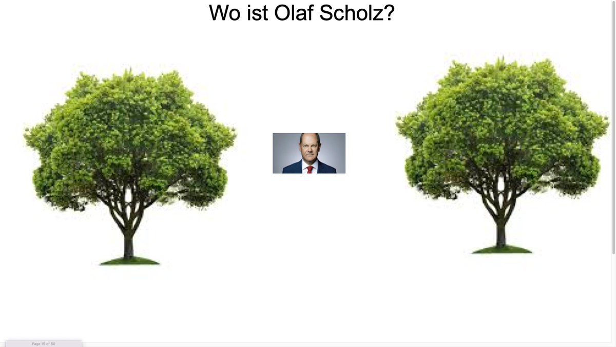 HaddonTwpGerman's tweet photo. I just did an exercise on two-way prepositions last week with German 3 "Olaf Scholz is between the trees, behind the tree, under, etc.).  Lo and behold, look what appeared on the #heuteshow Friday night.  @heuteshow https://t.co/Wd7KVlM1ay