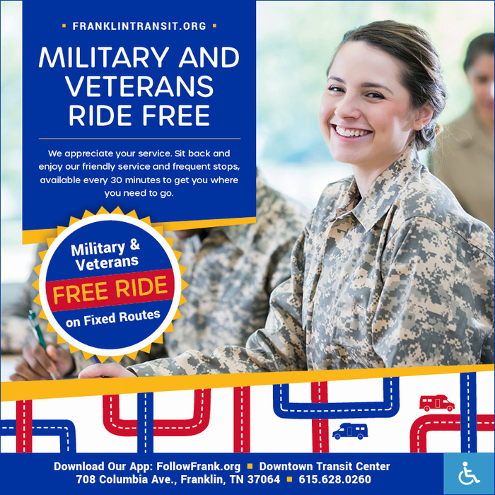 FranklinTransit's tweet image. Franklin Transit honors our veterans and active military personnel by providing free rides as a small token of gratitude. Hop on board and let us take care of your commute while you focus on what matters most. Thank you for your service!❤️💙

#veterans #freerides #franklintn