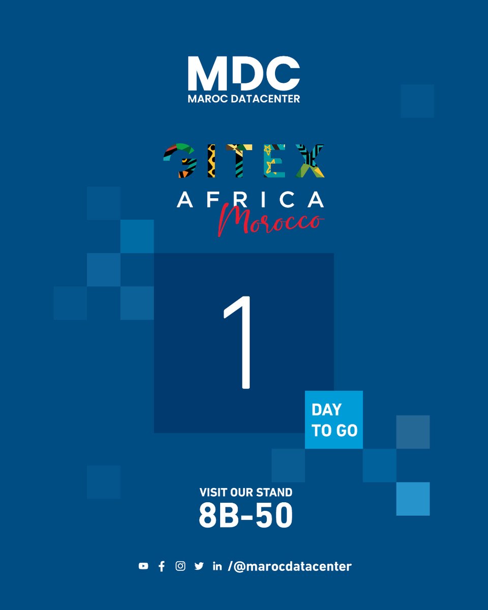 Only a few hours left!
Tomorrow is the day of @GITEXAfrica  2023.
🙌 Join Maroc DataCenter at our booth and be part of the future of technology. Don't miss out on this incredible opportunity.
We look forward to meeting you!
 #GitexAfrica #TechExpo #JoinUs #gitexafrica2023