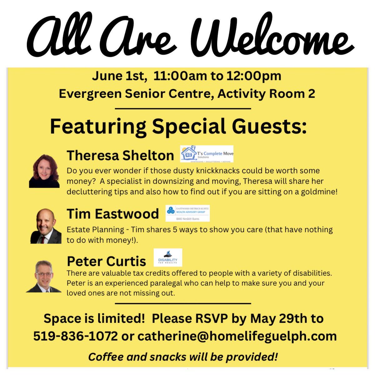 teastwoo's tweet photo. ⭐Reminder!⭐ 

Last day to sign up for a #free “Chit Chat” information hour with myself and 2 local specialists. Great event for Seniors and Caregivers, but all are welcome!  It’s never too late to start planning.

See flyer for details!!

#estateplanning #retirement #guelph https://t.co/PbunT7kTC9