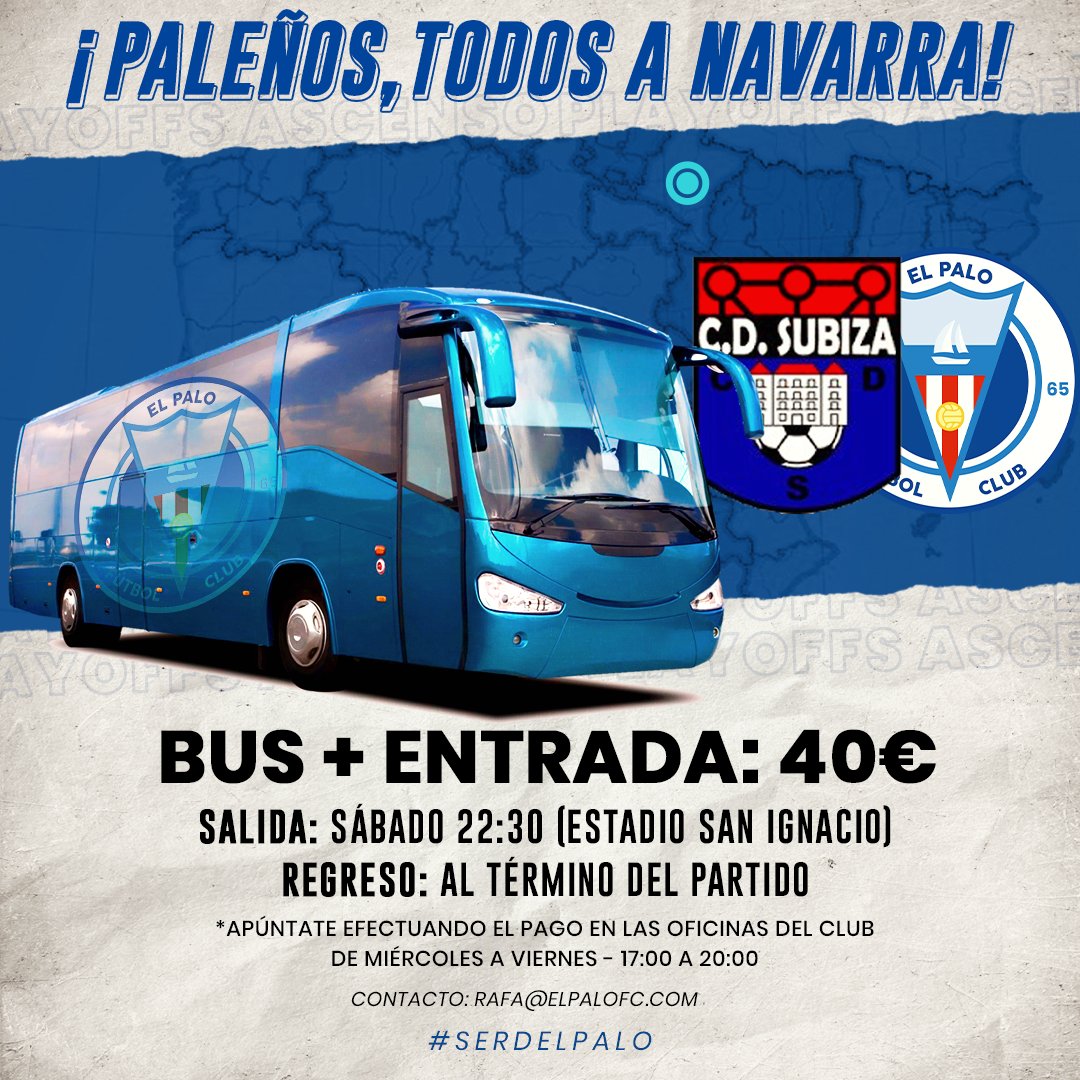 Desde <a href="/ElPaloFC/">El Palo FC 💙⚽️</a> hacen extensiva la información acerca de cómo poder desplazarte y acceder al partido de vuelta para el ascenso a Segunda <a href="/rfef/">RFEF</a>, que se disputará en #Sotoburu (#Navarra) ante el <a href="/SUBIZACD/">C.D.SUBIZA</a>

#SerDelPalo 💙