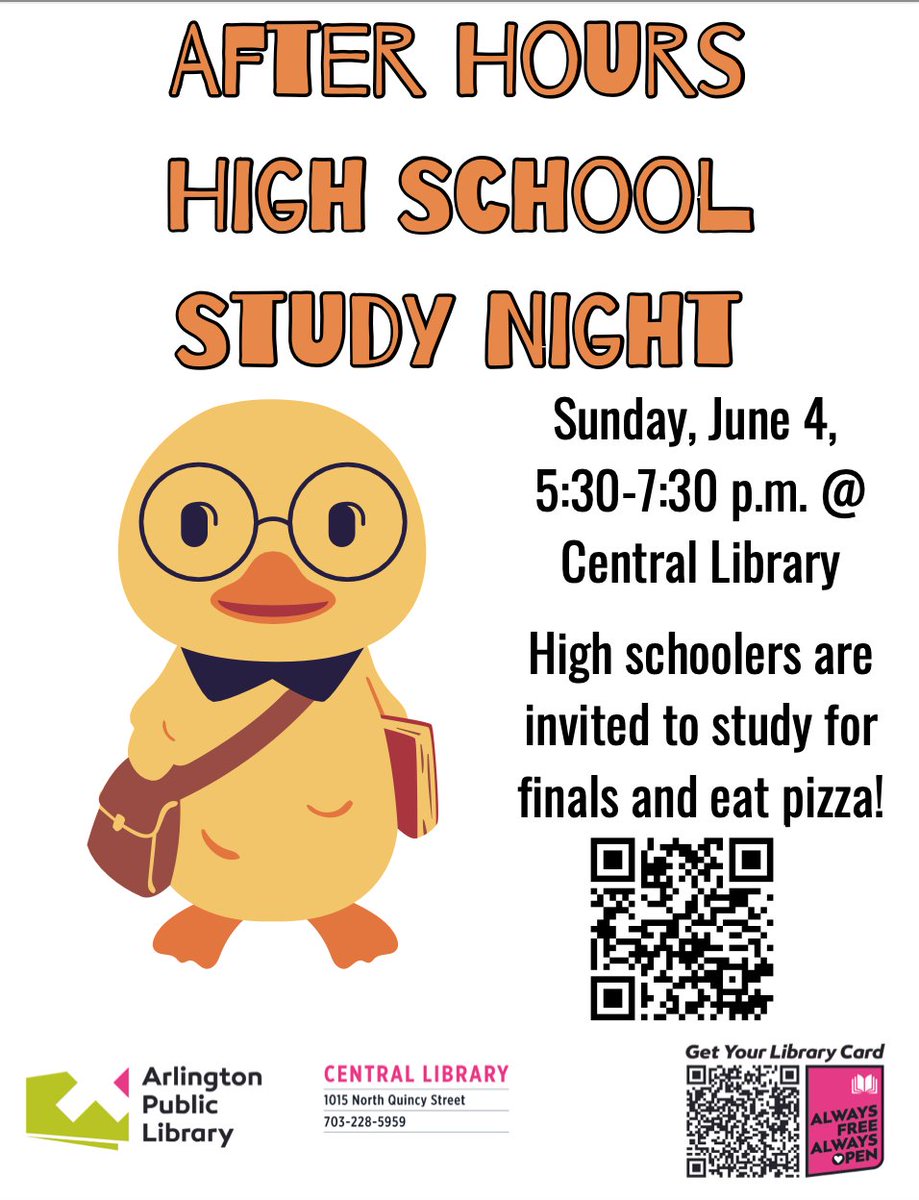 Come to the After Hours High School Study Night Sunday, Jun 4 5:30-7:30 @ Central Library.